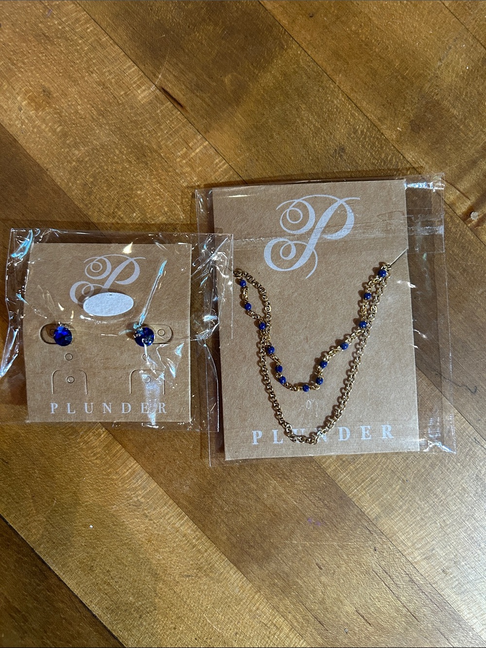 Plunder Gold-Tone & Blue Stone Necklace and Blue Stone Stud Earrings
